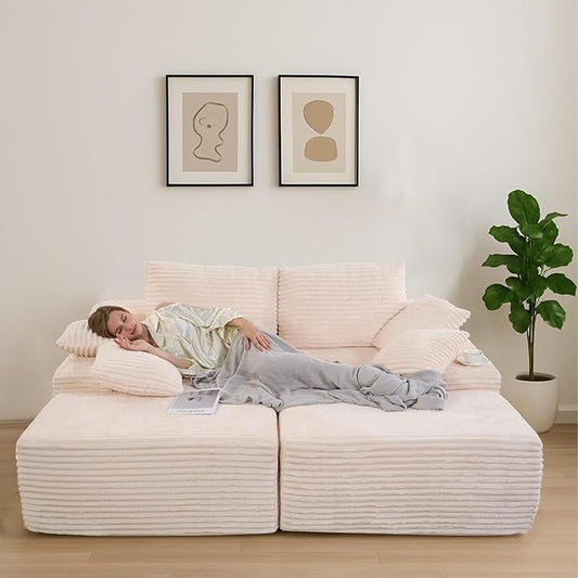 Chaise Lounge Chair, Couches for Living Room, Oversized Upholstered Loveseat Sleeper Indoor, Cloud Sofa Bed Indoor Deep Seat, No Assembly Required Corduroy 2PCS Beige