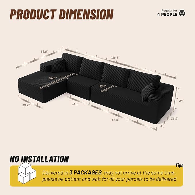 138" Boneless Couch with Deep Seat, Modular Sectional Sofa, Cloud Sectional Couch for Living Room, No Assembly Required, Corduroy, 4 Seater L-Shape Left, Black