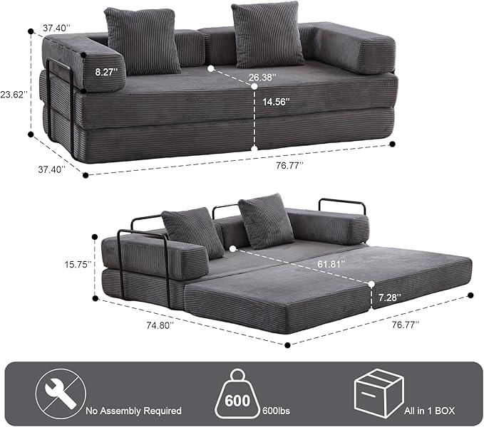 Convertible Folding Mattress Couch, Floor Sofa Bed with Fixed-Shape Frame, Corduroy Floor Sofa with Armrest, Floor Sofa Lounge Couch for Living Room Bedroom Lounge Studio-Dark Grey