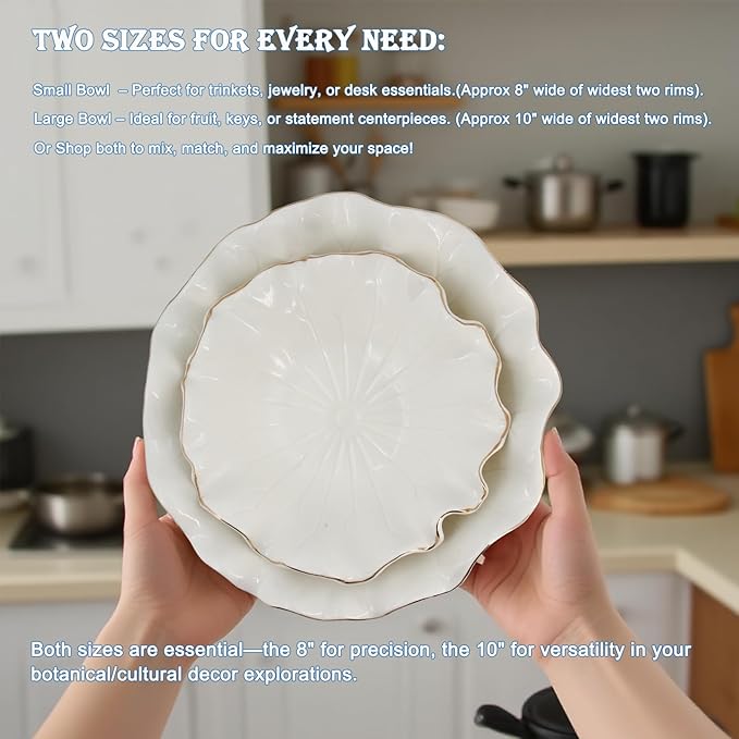 10" Large White Ruffle Lotus Design with Gold Trim Ceramic Fruit Bowl, Decorative Leaf Floral Bowl for Coffee Table Kitchen Counter and Home Decor Approx Capacity 45 fl oz