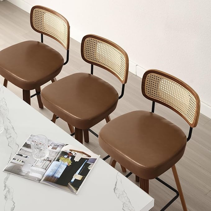 Swivel Bar Stools Set of 4, Upholstered Faux Leather Barstools with Rattan Back, 29" Seat Height Bar Chairs for Kitchen Island, Bentwood Wood Frame, Brown