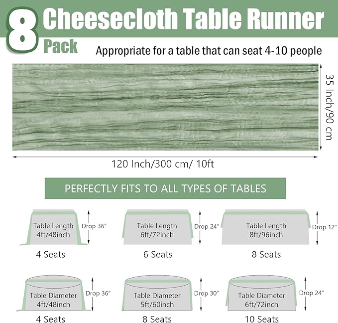 8 Pack 10 Ft Sage Green Cheesecloth Table Runner 35 x 120 Inch Gauze Rustic Christmas Table Runner, Romantic Sheer Boho Cheese Cloth Table Runners for Wedding Bridal Shower Party Decoration ﻿
