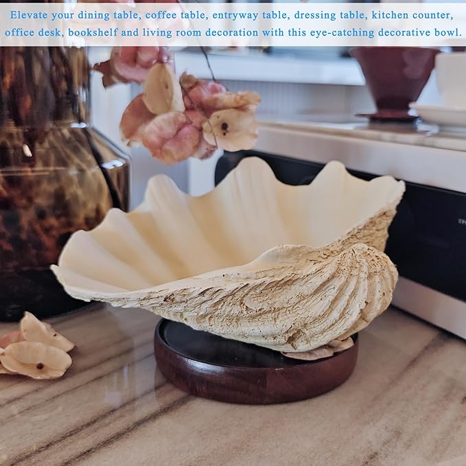 Resin Seashell Decorative Bowl for Home Decor, Large Clam Shell Bowl for Coffee Table Centerpiece Kitchen Counter, Sea Shell Key Bowl for Entryway Table (Beige)