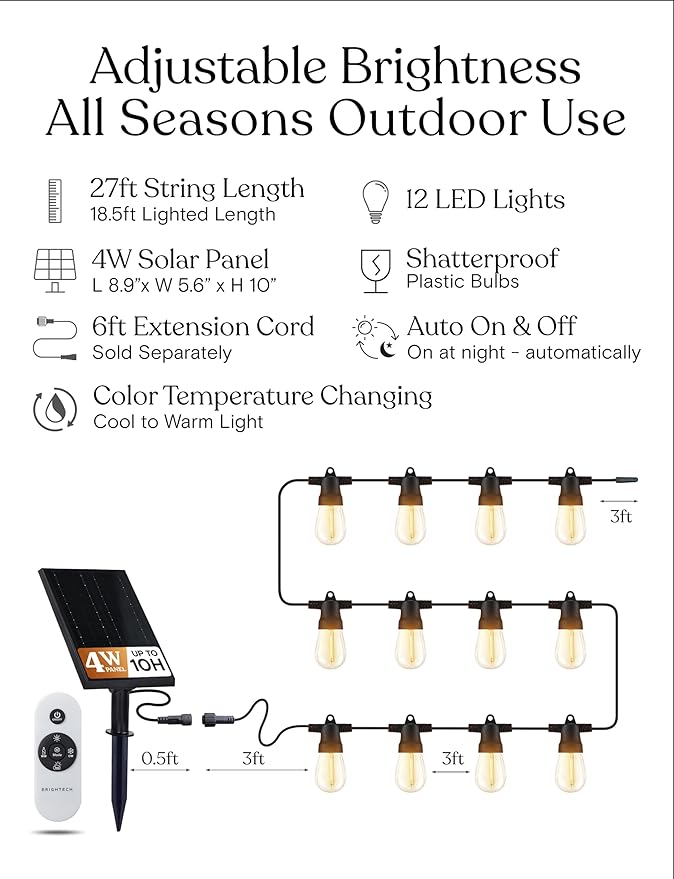 Brightech Ambience Pro 27-Ft Solar String Lights for Outside - Super Bright Remote Control Color Adjustable Outdoor String Light - Commercial Grade String, Waterproof LED for Patios, Camping, 12 Bulbs