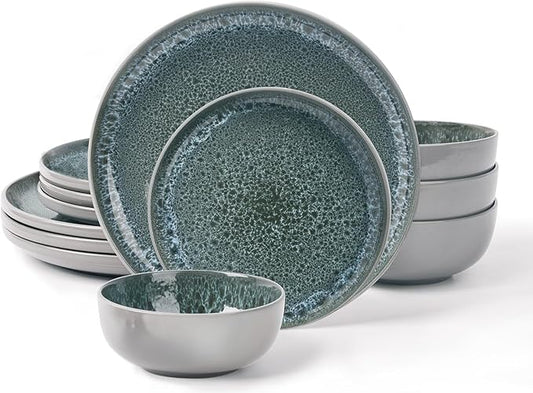 CQN&ZXD Ceramic Plates and Bowls Sets, 12 Pieces, Hand-Crafted Dishes set for 4 with Flowing Reactive-Glaze, Microwave & Dishwasher Safe Dinnerware Sets, Modern Style, Elegant Grey & Wave Blue