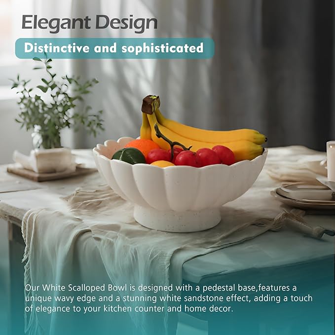 Large Fruit Bowl for Kitchen Counter-10.6" White Ceramic Fluted Scalloped Decorative Footed Bowl -Elegant Pedestal Display Bowls for Entryway Table, Perfect for Housewarming &Wedding Gift