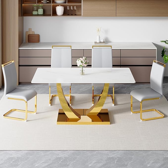 63” Dining Room Table Set for 4,Modern Gold Dining Table Set for 4, Rectangle Kitchen Table Set with Leather Chairs,White Faux Marble Dinner Table Set with Tempered Glass Top and Golden Base