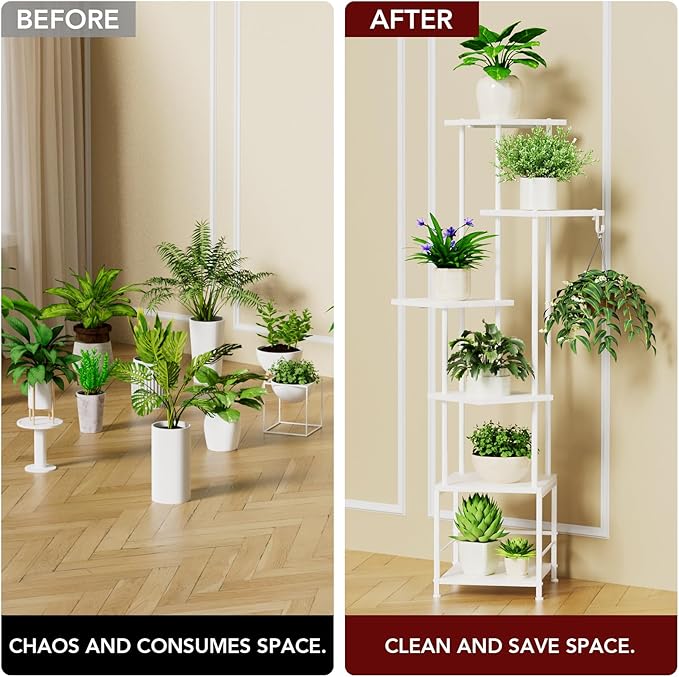 Plant Stand Indoor with Grow Light, 6-Tiered Tall Plant Stand Indoor, Metal Plant Shelf with Hanging Basket Hook and Adjustable Light, Ideal for Living Room, Garden, Patio white