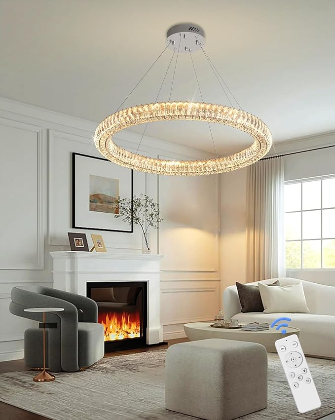Modern Led Ring Chandelier 1 Ring Dimmable 31.5" Adjustable Round Chrome Crystal Chandelier for Dining Room Living Room