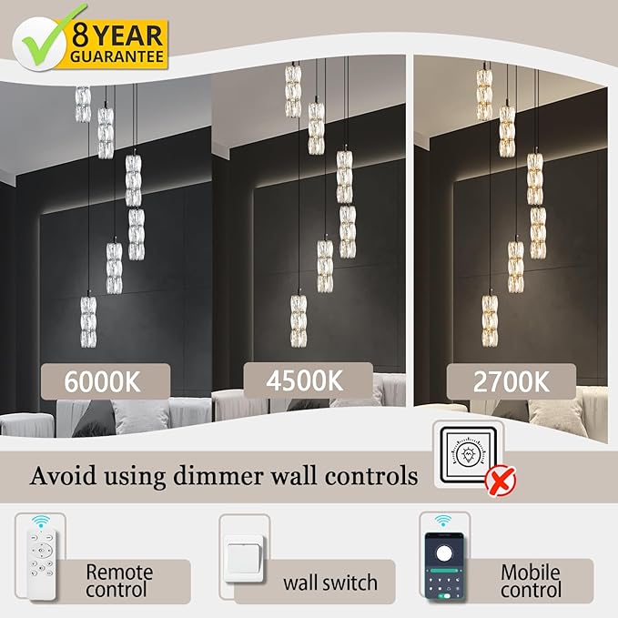 H78 Pendant Lights Kitchen Island 6-Lights Pendant Chandelier for Dining Room Hallway Stairwell,LED Dimmable 2700K-6000K (Black Chandelier)