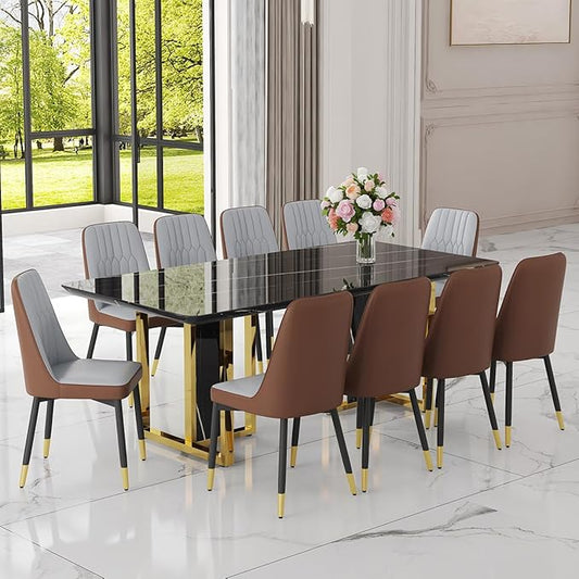 TesNus 79" Black Dining Table Set for 10 with Chairs,Large Faux Marble Kitchen Table and Chairs Set Rectangular 11 Piece Dining Room Set with Gold Metal Legs,Modern Design,Easy Assemble,Stable Base