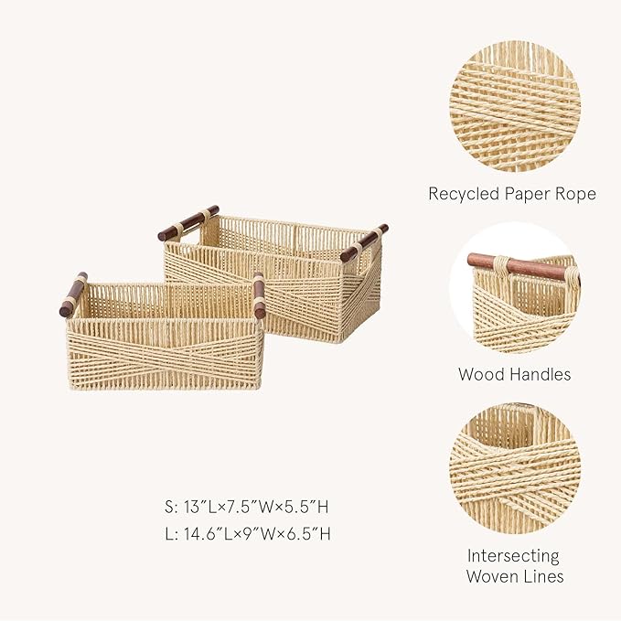 LA JOLIE MUSE Wicker Storage Baskets for Organizing, Recyclable Paper Rope Basket with Wood Handles, Decorative Hand Woven Basket Organizers for Makeup Books Shelves Living Room, Beige, Set of 2