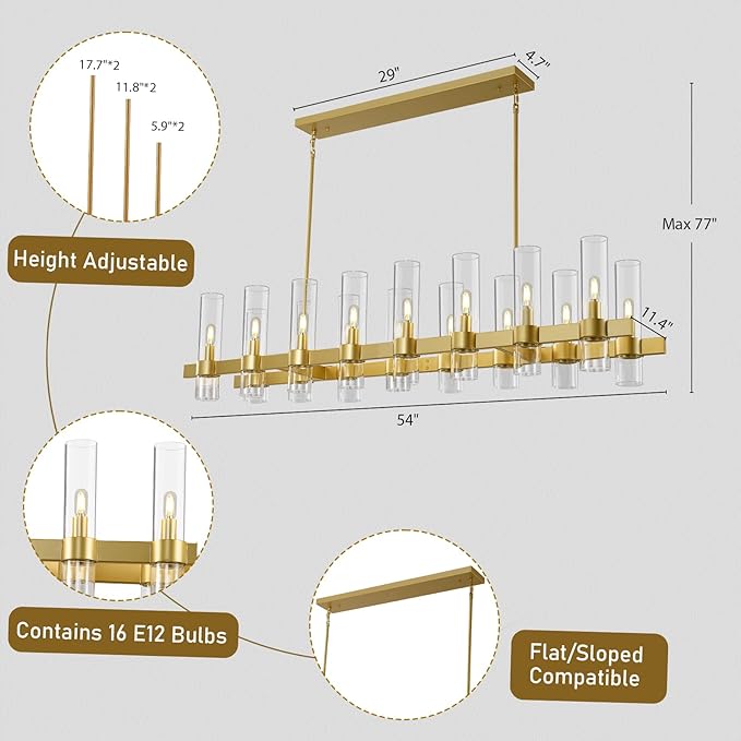 Modern Gold Linear Chandelier for Dining Room, 54'' Rectangular Dining Chandeliers Over Dining Table 16 Light, Linear Chandelier Lighting Fixture with Glass over Kitchen Island, Includes Bulbs