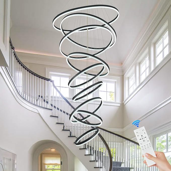 9 Rings Modern LED Chandelier Black Dimmable Large Foyer Chandeliers Entryway High Ceiling for Staircase, High Ceiling Pendant Lights for Entryway Living Room, 3000K-6500K CCT