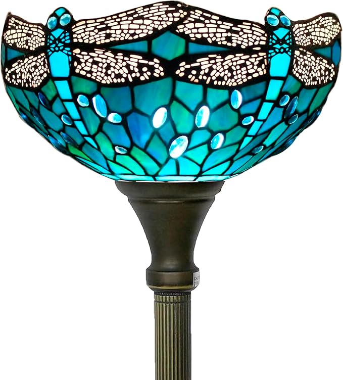 WERFACTORY Tiffany Floor Lamp Green Stained Glass Dragonfly Light 12X12X71 Inches Pole Torchiere Standing Corner Torch Uplight Decor Bedroom Living Room Home Office S622 Series (B)