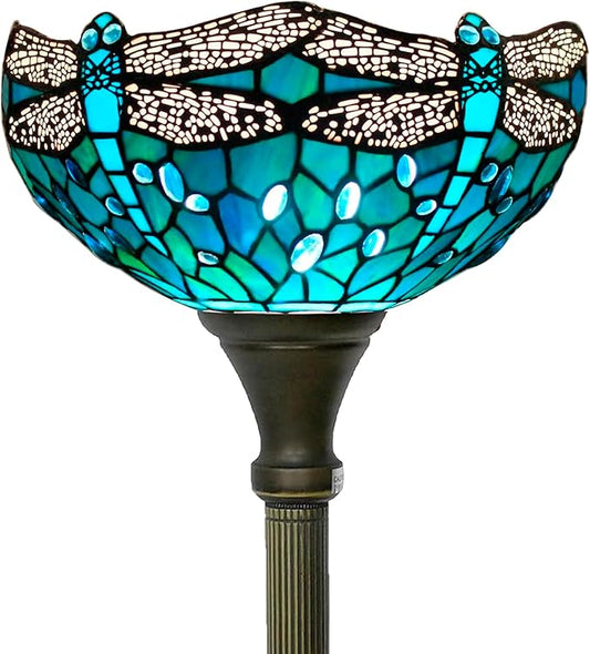 WERFACTORY Tiffany Floor Lamp Green Stained Glass Dragonfly Light 12X12X71 Inches Pole Torchiere Standing Corner Torch Uplight Decor Bedroom Living Room Home Office S622 Series (B)