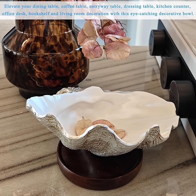 Resin Seashell Decorative Bowl Large Clam Shell Storage Bowl for Coffee Table Centerpiece Home Kitchen Entryway Table Decor Beach Themed Wedding Party Decoration (Silver-Pearl White)