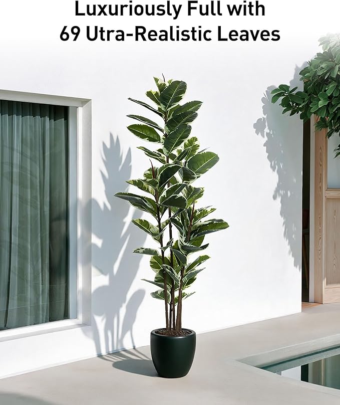 Artificial Rubber Tree Plant 6ft Tall Faux Ficus Tree Potted Fake Tropical Plants Decorative House Plants Large Floor Artificial Trees for Home Office Decor, Without The Pot