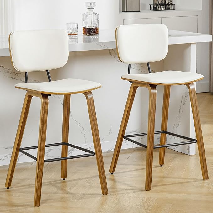 Counter Height Bar Stools Set of 2, PU Leather Upholstered Barstools with Backs, Bent Wood Legs, 26 Inch Seat Height, Mid Century Modern Counter Stools for Kitchen Island, Cream White