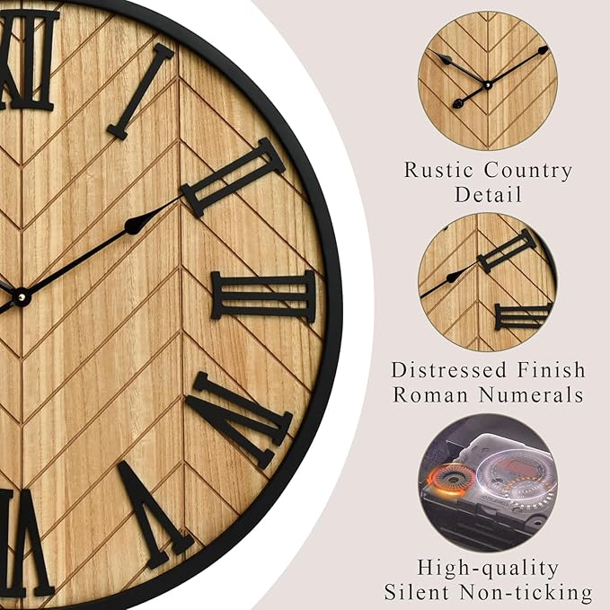 30 Inch Large Wall Clock Farmhouse Style - Brown Silent Non-Ticking Rustic Decor for Living Room, Kitchen, Bedroom