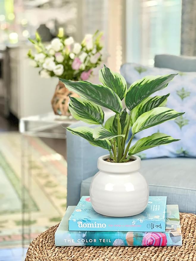 Small Fake Plants Indoor 11 Inch Potted Plant Artificial Decor 10 Leaves Faux Plant with White Ceramic Pot Silk House Plants for Home Office Bathroom Kitchen Farmhouse Table Centerpieces Shelf Decor