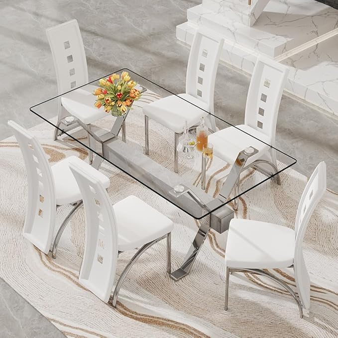 71'' Glass Dining Table Set for 6,7 Piece Dining Table Set with Tempered Glass Tabletop and Open‑Frame X‑Shaped Metal Base,Kitchen Table and Chairs Ideal for Dining Room&Home Office