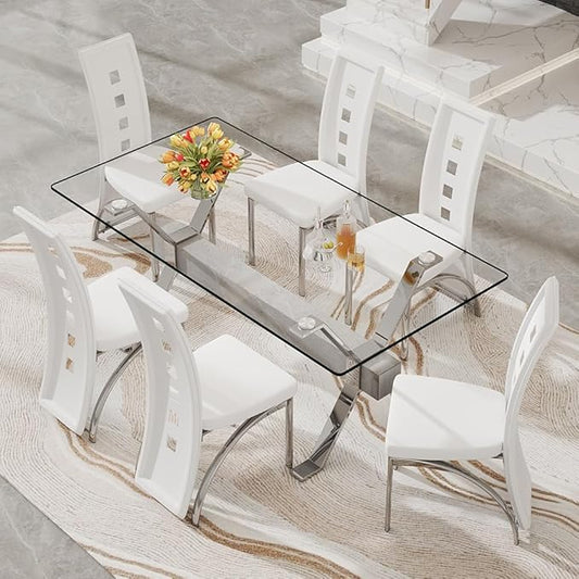 71'' Glass Dining Table Set for 6,7 Piece Dining Table Set with Tempered Glass Tabletop and Open‑Frame X‑Shaped Metal Base,Kitchen Table and Chairs Ideal for Dining Room&Home Office
