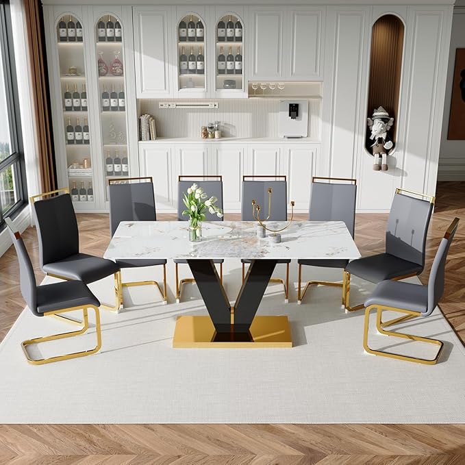 71'' Dining Table Set for 8,Marble Dining Table Set,Modern Kitchen Table with 8 PU Leather Chairs,Gold Dining Room Table Set with V-Shaped Black Glossy Pillars,Ideal for Kitchen Dining Room