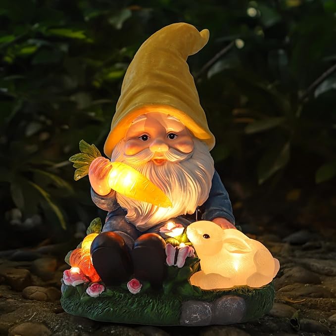 Solar Garden Outdoor Statues Gnome Feeding Rabbit with 6 LED Solar Figurine for Lawn,Patio,Balcony,Yard Decor Unique Housewarming Gift, for Grandfather, Father,Grandma