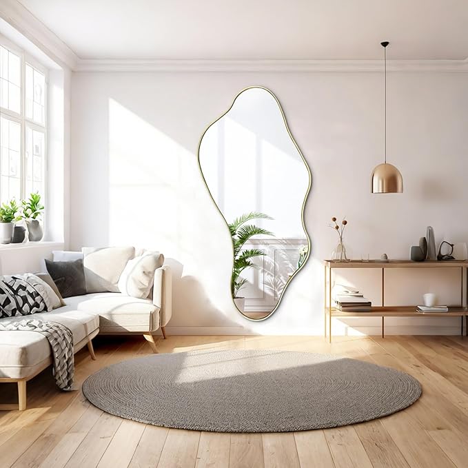Large Irregular Mirror, 63"x29.2" Asymmetrical Mirrors Full Length, Abstract Wall Mirror Decorative, Waved Shaped Mirrors for Living Room Dressing Bathroom Bedroom Hallway Entryway