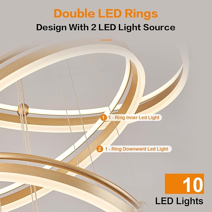 5-Rings Modern LED Chandelier Gold Dimmable Large High Ceiling Chandeliers Foyer, Remote Pendant Lighting for Foyer Entryway Dining Room Living Room Staircase(10-Ring Lighting, D29.5)