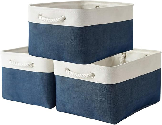 TheWarmHome Collapsible Storage Bin for Shelves - Large 3 Pack 16x12x8 inch Storage Basket for Organizing with Handles, Canves Storage Box for Organizer Toy Closet Cloth Gift (White & Jean Blue)