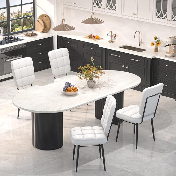 Leather Dining Chairs Set of 6, Upholstered Dining Room Kitchen Chairs with Thick Cushion, High Backrest, Metal Legs, Mid Century Modern Side Chair for Home Living Room Cafe Restaurant, White