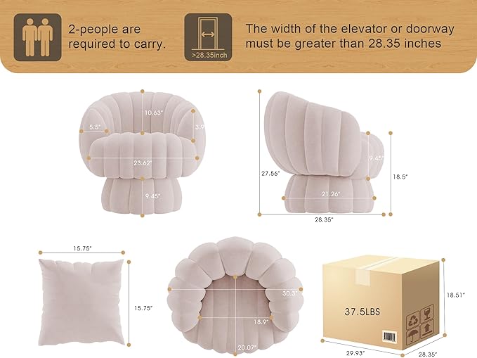 Mid Century Modern 360 Degree Barrel Swivel Accent Sofa Chair,Fluffy Velvet Fabric Lounge Wide Upholstered Pumpkin Reading Chair, Round Cloud Armchair for Living Room,Bedroom,Vanity(Pink)