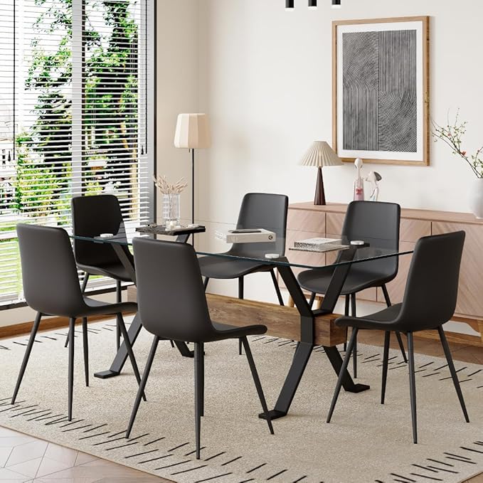 7 Piece Glass Dining Table Set, Kitchen Table Chairs Set for 6, 71'' Dining Table with 0.4" Tempered Glass Tabletop with Plated Metal Legs and MDF Crossbar, 6 PU Chairs for Dining Room, Kitchen.
