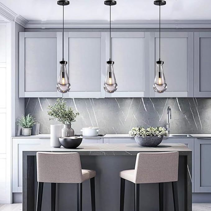 Modern Raindrop Pendant Lights Set of 3, Pendant Lights Kitchen Island 3 Pack, Matte Black Pendant Lights for Bedroom Bathroom, Chandelier for Living Room Hallway, Bulb Included