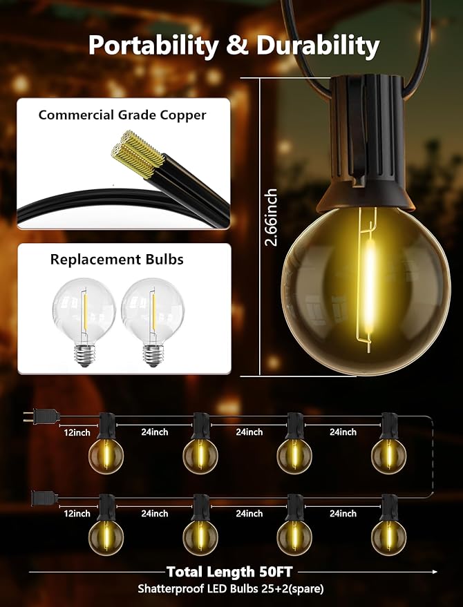 50FT Outdoor String Lights, G40 Globe String Lights with 25 Bulbs& 2 Spare, Waterproof Warm White Lights Indoor, Connectable Patio Lights for Outside Backyard Wedding Bistro Party Decor