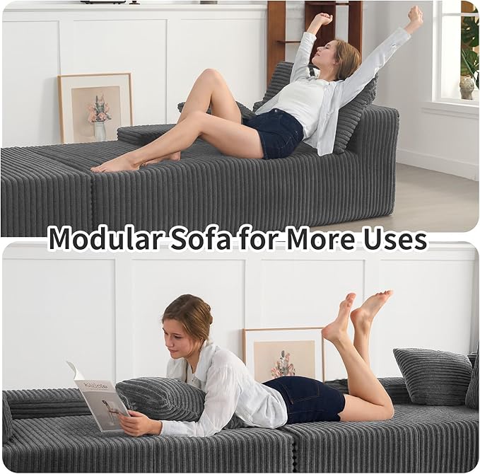 Chaise Lounge Chair, Sofa Couches for Living Room, Oversized Upholstered Sleeper Indoor, Cloud Sofa Bed Indoor Deep Seat, No Assembly Required Corduroy, Double Seat Gray