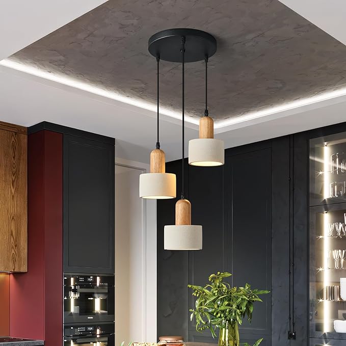 Modern Cement Pendant Lights White Chandelier Wooden Ceiling Lamps for Kitchen Island Bedroom Dining Room Living Room bar（Round 3-Light）