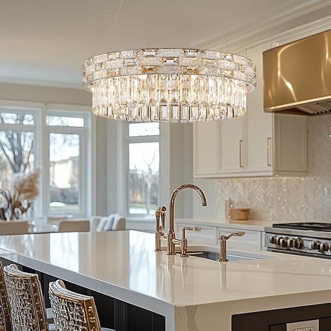 Morden Crystal Chandeliers for Dining Room 8 Lights Gold Chandelier Round Crystal Chandelier Pendant Light Fixture Kitchen Island Entryway Living Room 23" D x 8.7" H