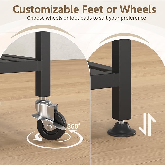 LASZOLA 2 Tier Black Metal Plant Stand Indoor Outdoor with Wheel for Large Planter, Modern Heavy Duty Tall Rolling Rack for Corner House Bathroom Patio Floor, Iron Flower Shelf Holder for Orchid Fern