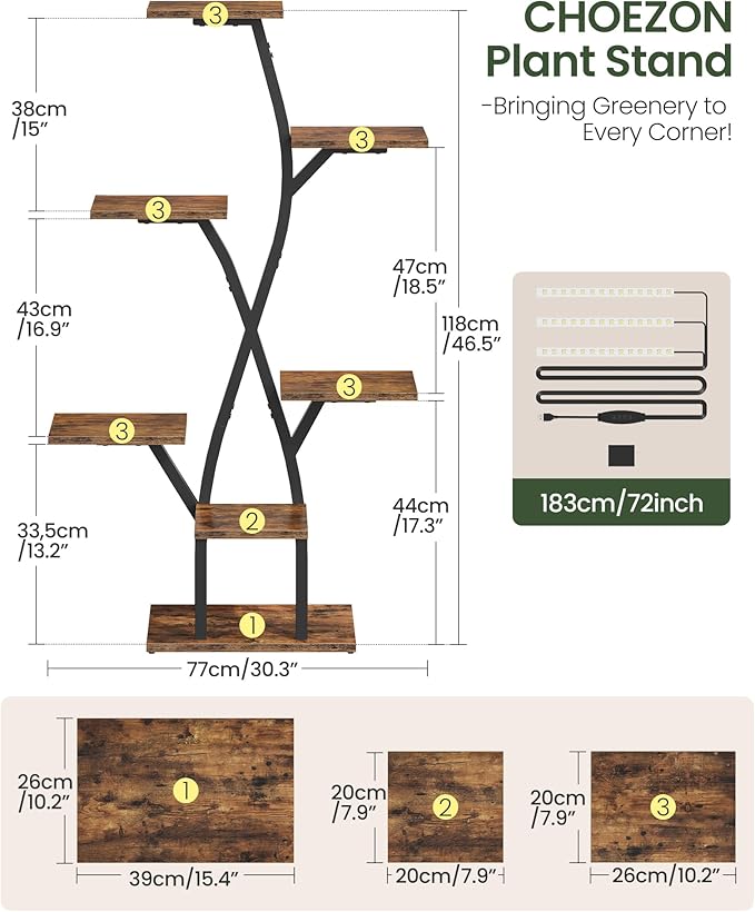 Plant Stand Indoor with Grow Light, 7-Tier Flower Plant Holder, 46.5” Tall Corner Plant Display Rack, Dimmable Grow Light with Timer, for Living Room, Balcony, Patio, Rustic Brown and Black TCJ40DBF