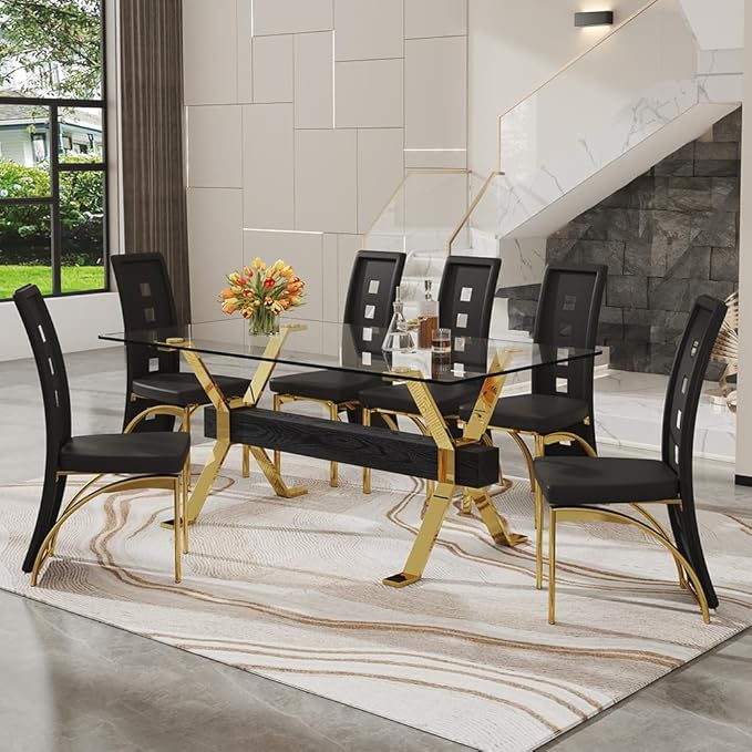 71'' Modern Dining Table Set for 6,7 Piece Glass Dining Table Set with Open‑Frame X‑Shaped Golden Metal Base,Gold Kitchen Table and Chairs Ideal for Dining Room&Home Office