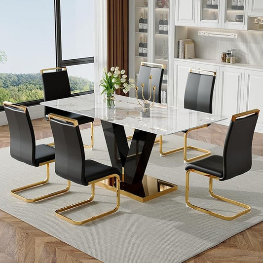 Dining Room Table Set for 6,71'' Marble Dining Table Set,Modern Kitchen Table with 6 PU Leather Chairs,Gold Dining Table Set with V-Shaped Black Glossy Pillars,Ideal for Kitchen Dining Room