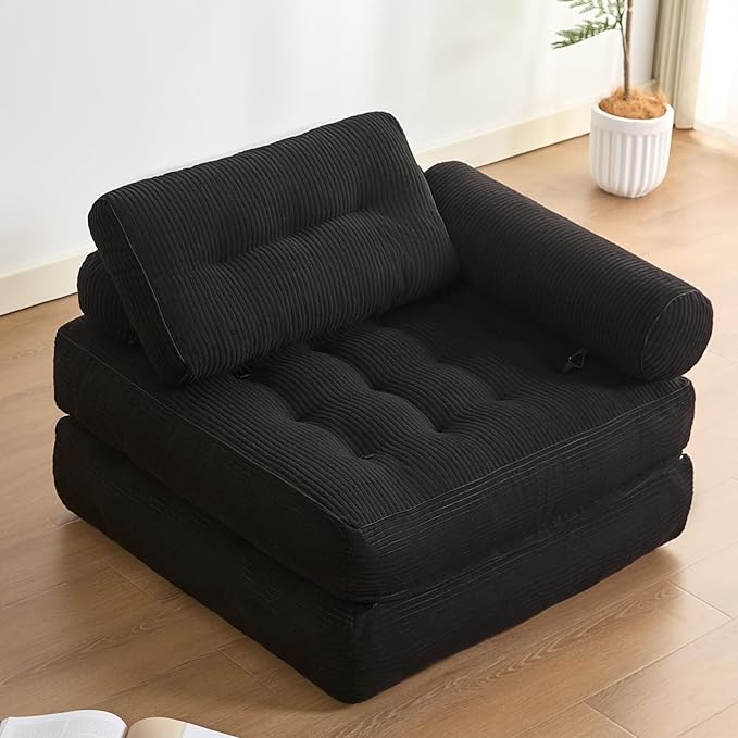 Plus Futon Sofa Bed for Small Spaces, Floor Couch with Armrest, Folding Sofa Couch, Convertible Sleeper Chair Bed with Pillow, Portable Comfy Floor Lounge for Living Room and Bedroom, Black