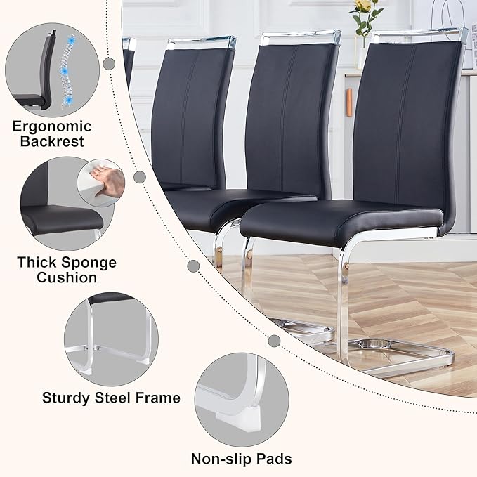 Glass Dining Table Set of 6, 63" Dinner Room Glass Table Set for 6, Modern Kitchen Dinner Table Set with 6 Upholstered Faux Leather Dining Chairs for Living Dining Office Room