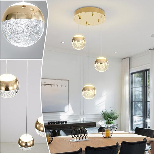 Modern Crystal Pendant Lighting Gold Globe Pendant Light Fixture, Mid Century Chandelier 3-Light Hanging Fixture for Kitchen Island,Globe Chandeliers for Dinning Room Bedroom