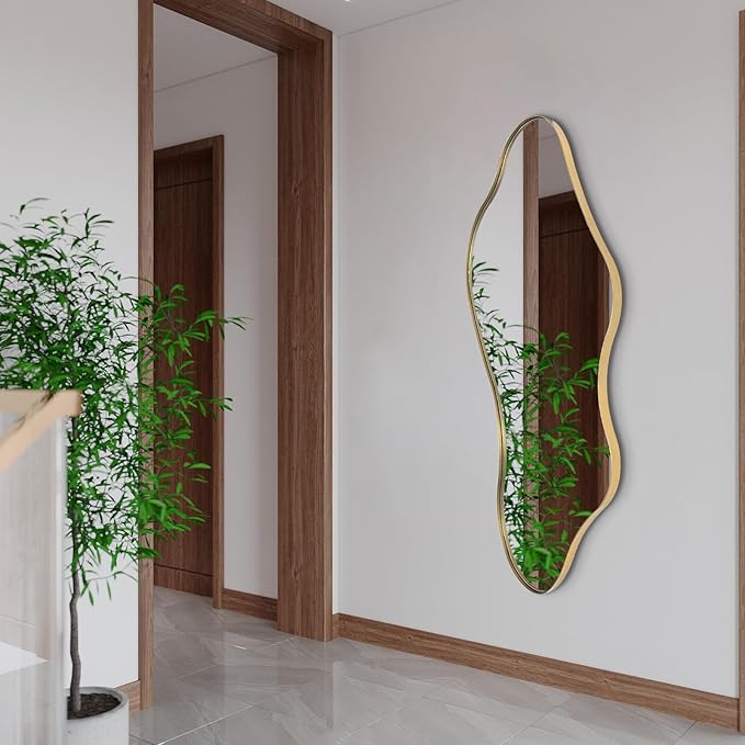 Irregular Wall Mirror, Gold Asymmetrical Mirrors, 47"x22" Wavy Shaped Mirror with Metal Frame, Modern Decorative Abstract Mirrors for Living Room Bathroom Bedroom Hallway Entryway