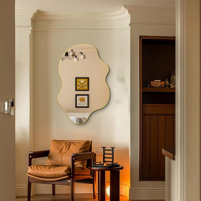 Gold Irregular Mirror, Asymmetrical Wall Mirrors, 31.5"x23.6" Waved Shaped Mirror, Modern Frameless Decorative Mirrors for Living Room Bathroom Bedroom Hallway Entryway Fireplace