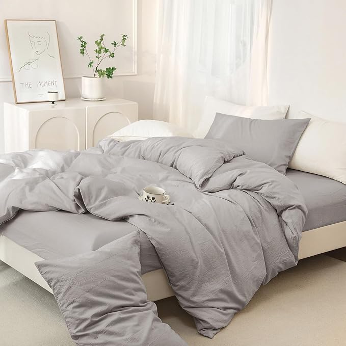 JIYUAN 100% Washed Cotton Duvet Cover Set 2 Pieces Twin, 1 Duvet Cover 68x90 Inches(Comforter Not Included) and 1 Pillowcases,Linen Feel Bedding Set Comfy and Breathable, Heathered Pastel Grey